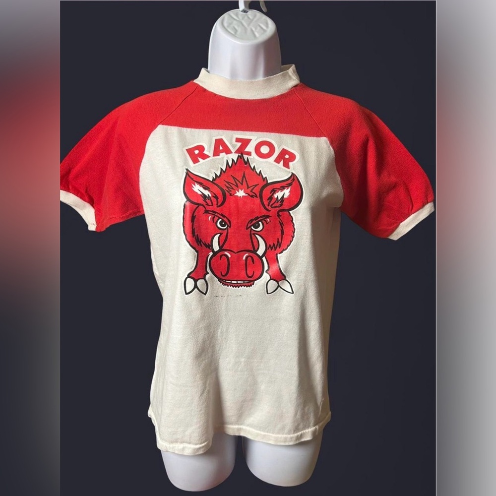 Vintage 1970’s Front and back Razorback University Arkansas ringer T.